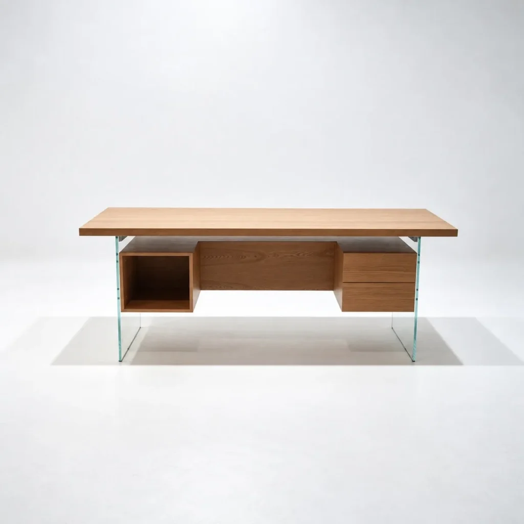 Modernist Red Oak Desk with Clear Glass Legs, 200 cm in natural oak — front view