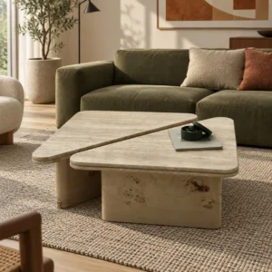 Modular Travertine Coffee Table with Rounded Edges in sand — front view
