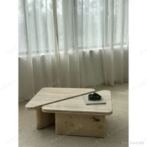 Modular Travertine Coffee Table with Rounded Edges in sand — in a room setting