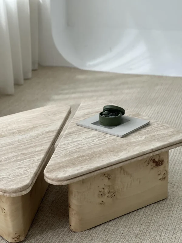 Modular Travertine Coffee Table with Rounded Edges in sand — in a room setting