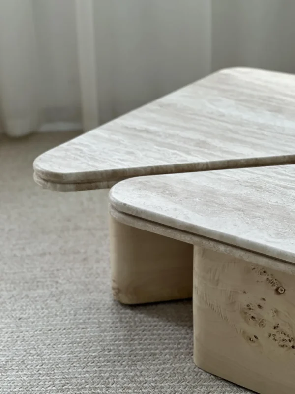 Modular Travertine Coffee Table with Rounded Edges in sand — in a room setting