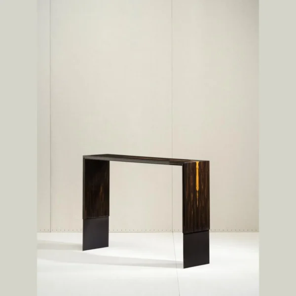 Ebony-Veneer Waterfall Console with Metal Feet in black — in a room setting
