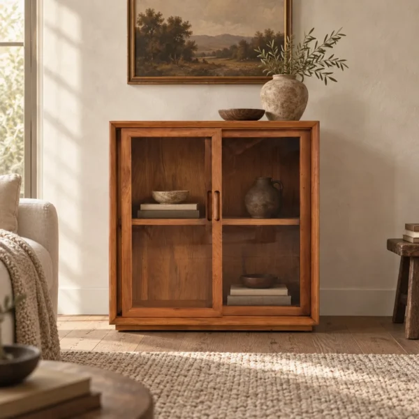 Moku Solid Oak Wall Cabinet with Glass Doors, 60 cm in natural oak — in a room setting