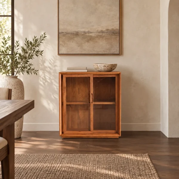 Moku Solid Oak Wall Cabinet with Glass Doors, 60 cm in natural oak — in a room setting