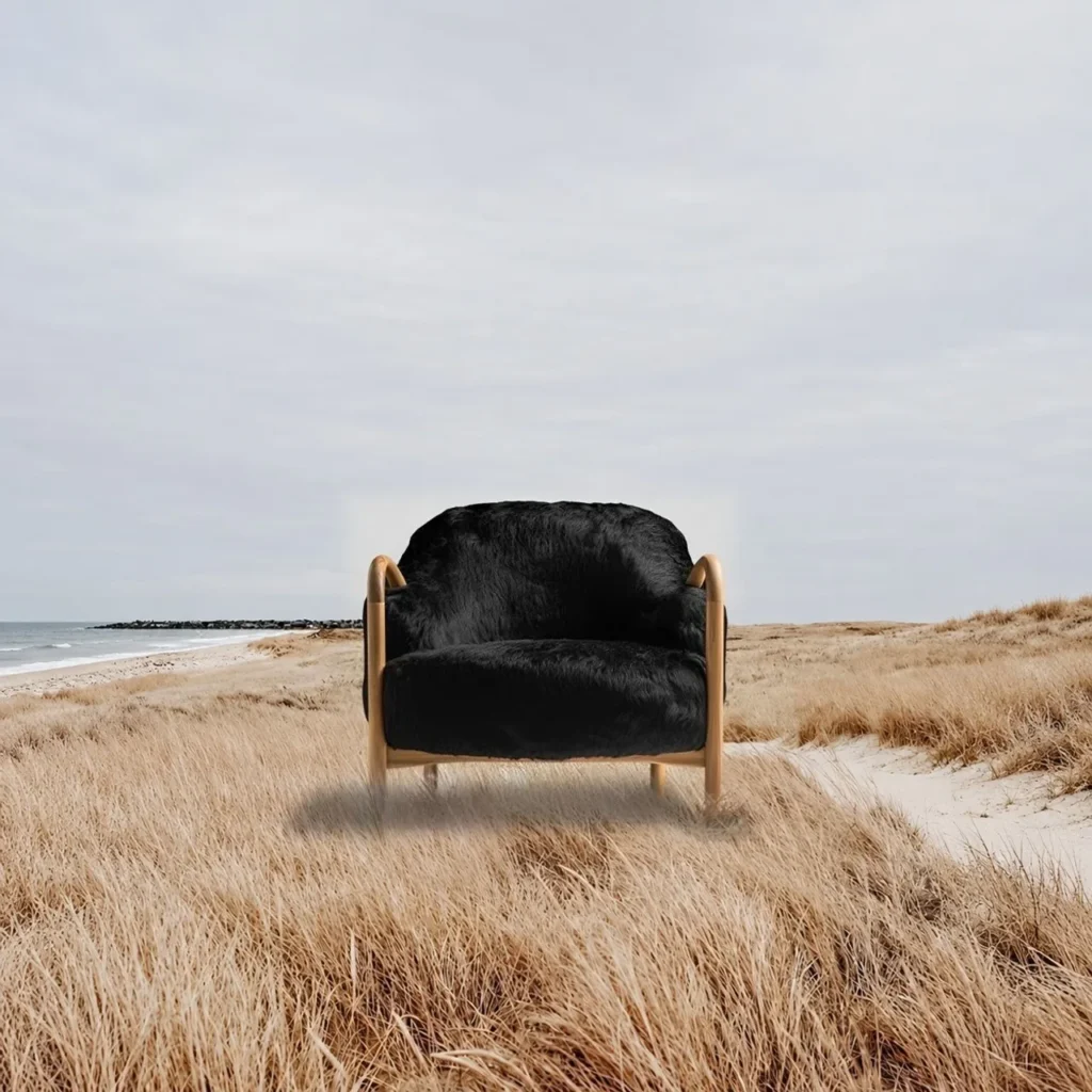 Ink Wave Wood Frame Lounge Chair in Black Fur — front view
