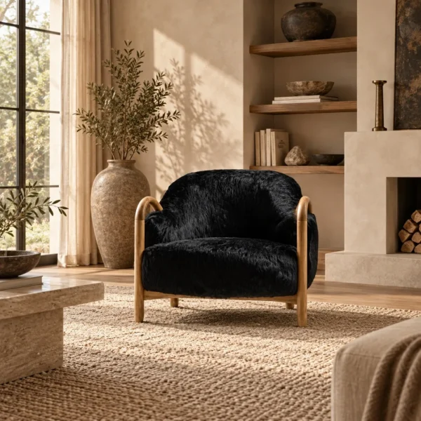 Ink Wave Wood Frame Lounge Chair in Black Fur — in a room setting