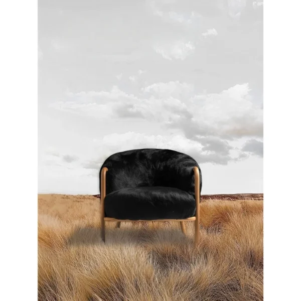 Ink Wave Wood Frame Lounge Chair in Black Fur — in a room setting