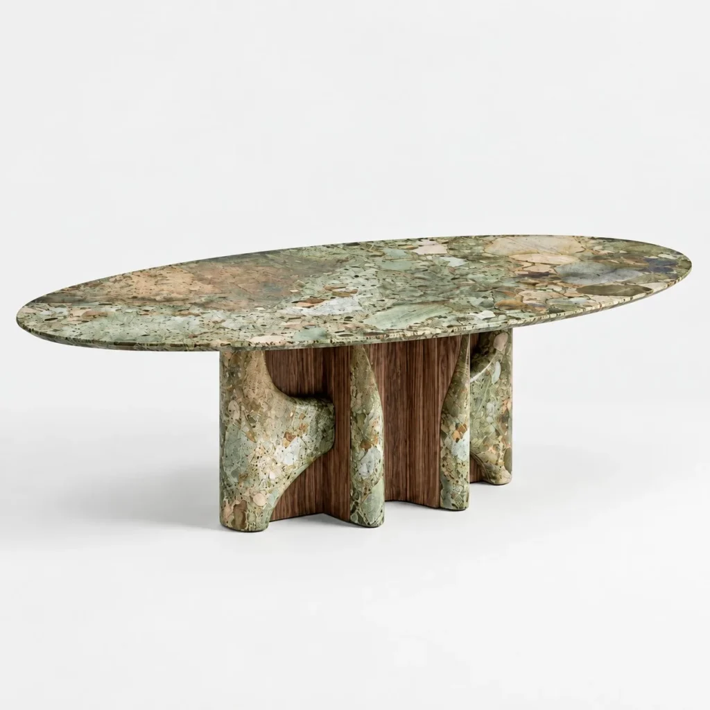 Monet Forest Stone Oval Dining Table on Sculpted Base in olive — front view