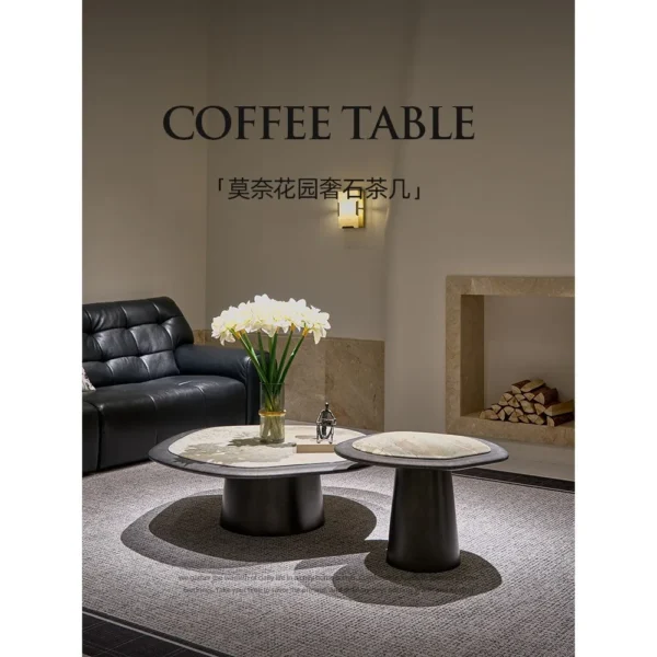 Monet Garden Stone Nesting Coffee Tables with Rolled Edges in rose stone — in a room setting