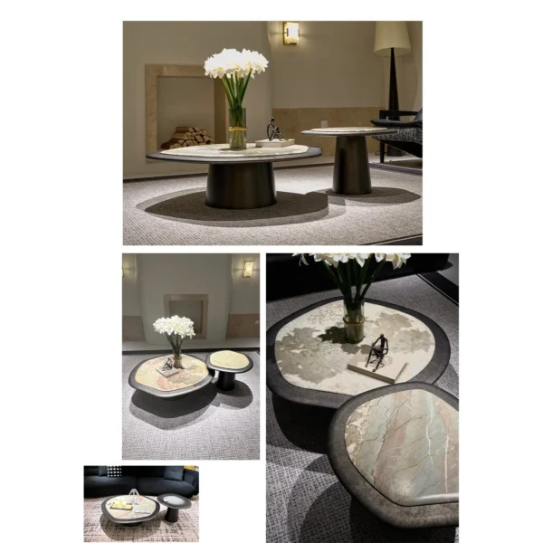 Monet Garden Stone Nesting Coffee Tables with Rolled Edges in rose stone — in a room setting