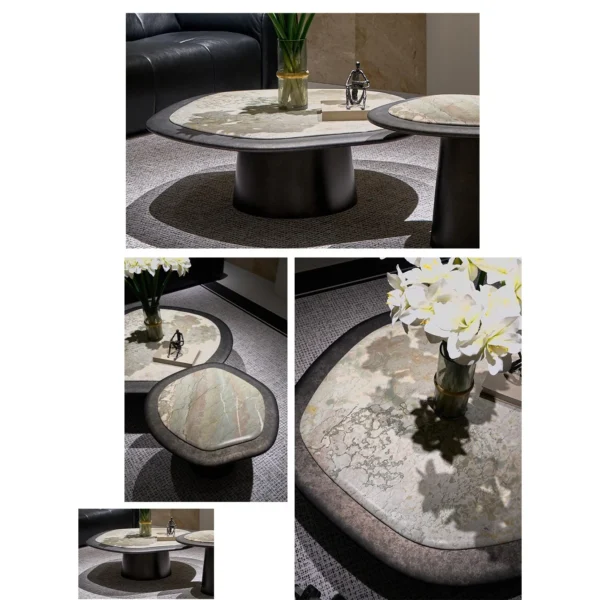 Monet Garden Stone Nesting Coffee Tables with Rolled Edges in rose stone — in a room setting