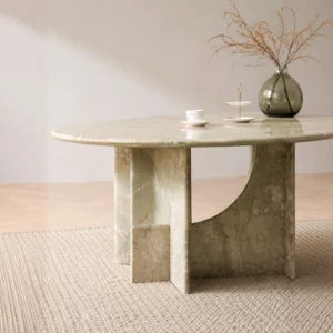Monet Garden Green and Pink Stone Oval Dining Table in olive — front view