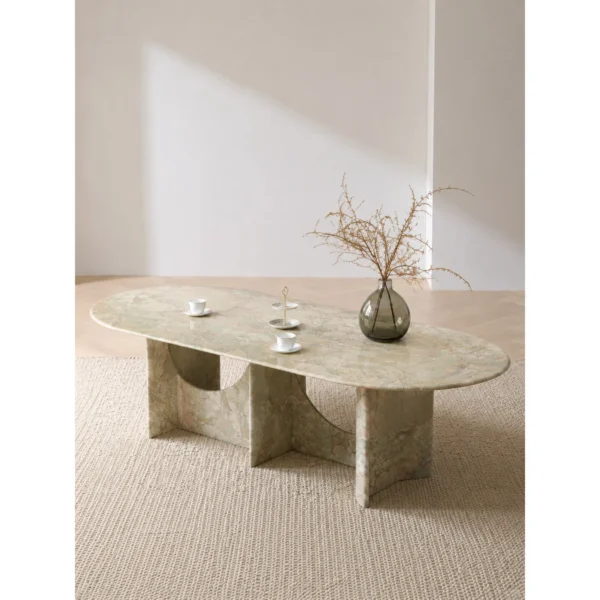 Monet Garden Green and Pink Stone Oval Dining Table in olive — in a room setting