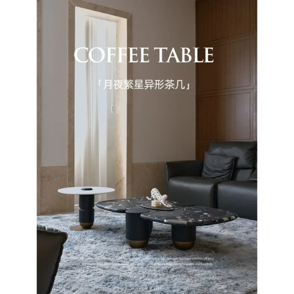 Moonlit Stars Marble Pebble Coffee Table Set in black — in a room setting