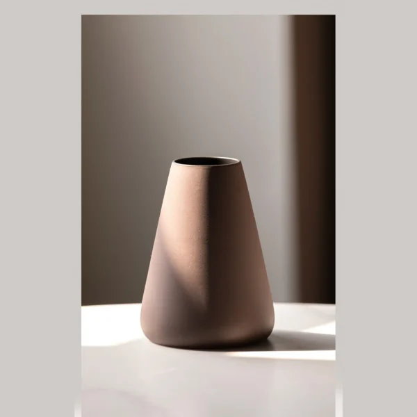 Lilac Matte Cone Ceramic Vase with Rounded Collar in plum — in a room setting