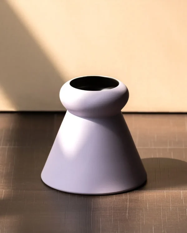 Lilac Matte Cone Ceramic Vase with Rounded Collar in plum — in a room setting