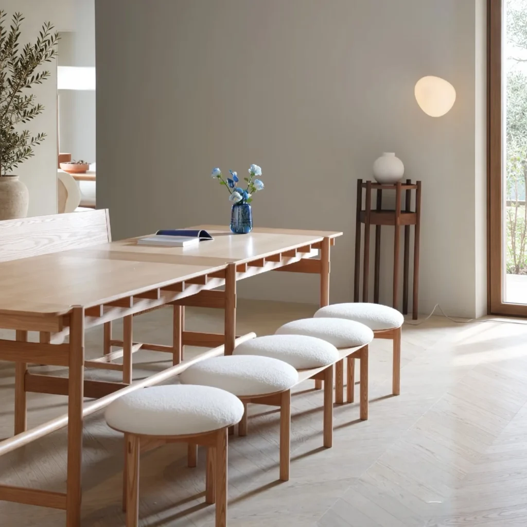 Mortise-and-Tenon Long Dining Table with Stools in natural oak — front view