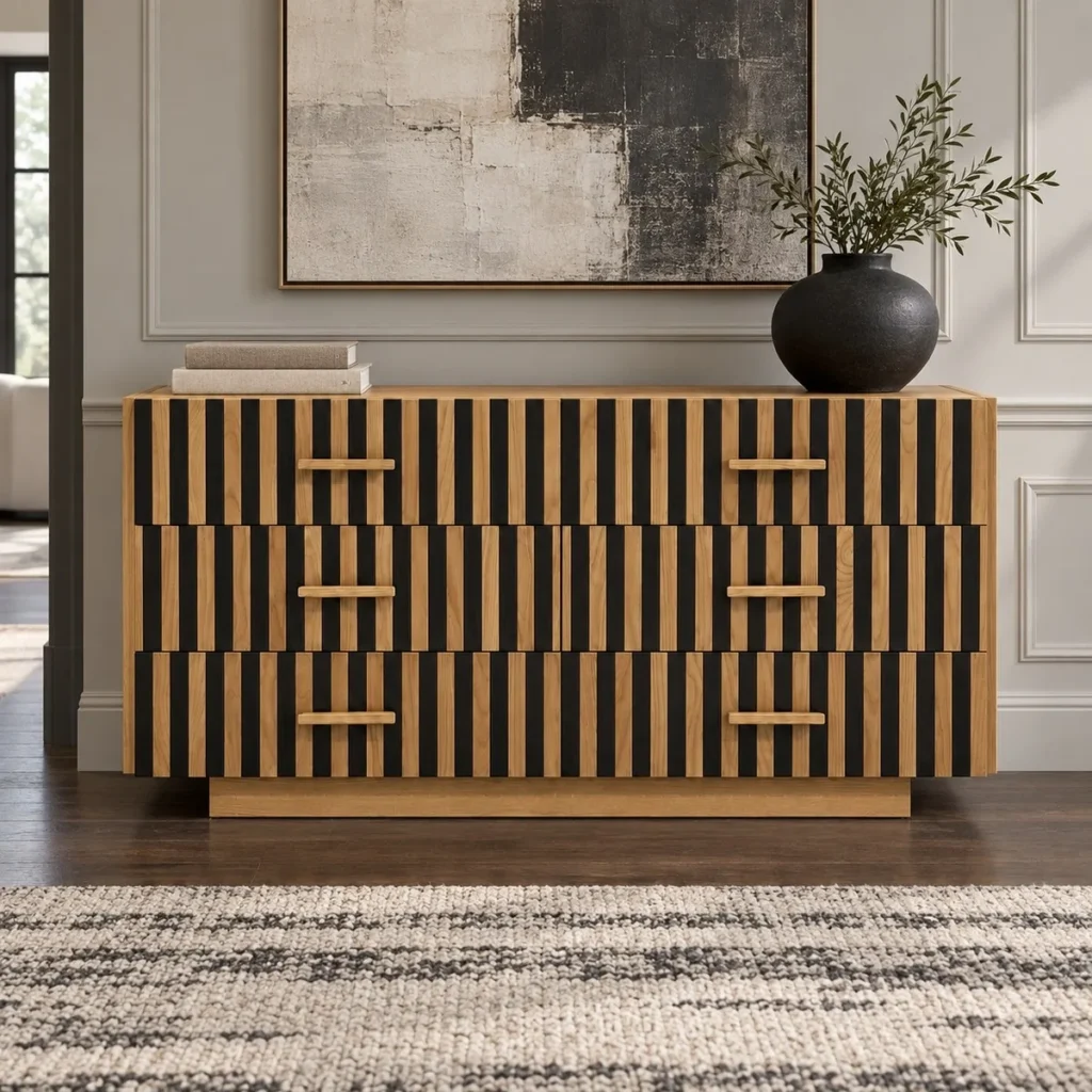 Mosaic Striped Mid-Century Chest of Drawers in natural oak — front view
