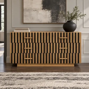 Mosaic Striped Mid-Century Chest of Drawers in natural oak — front view