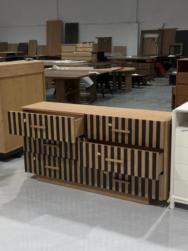 Mosaic Striped Mid-Century Chest of Drawers in natural oak — in a room setting