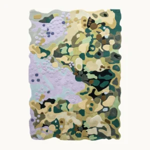 Moss Art Rug with Sculpted Relief in Green, Lilac and Sand — front view