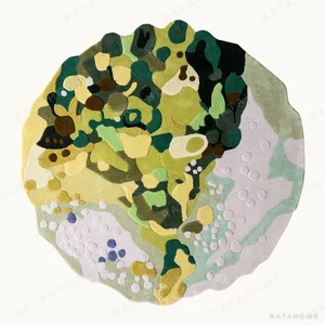 Moss Art Rug with Sculpted Relief in Green, Lilac and Sand — in a room setting