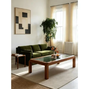 Moss Green Tile Inset Solid Wood Coffee Table in natural oak — front view