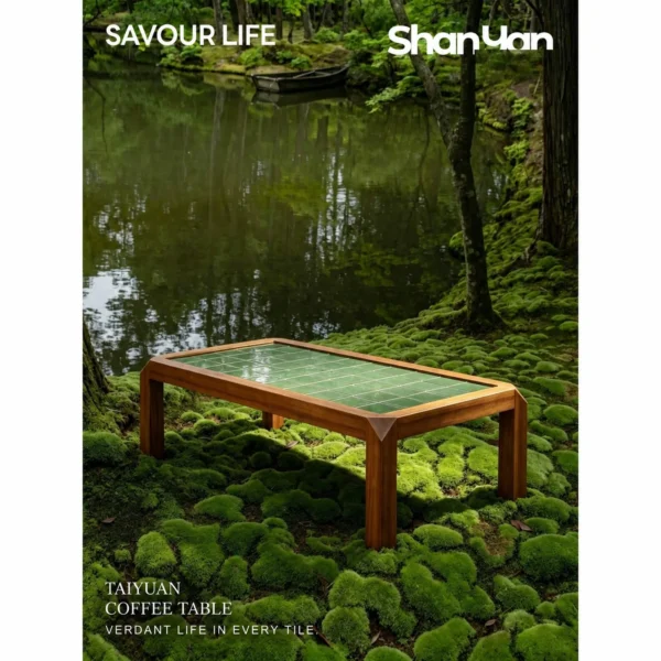 Moss Green Tile Inset Solid Wood Coffee Table in natural oak — in a room setting
