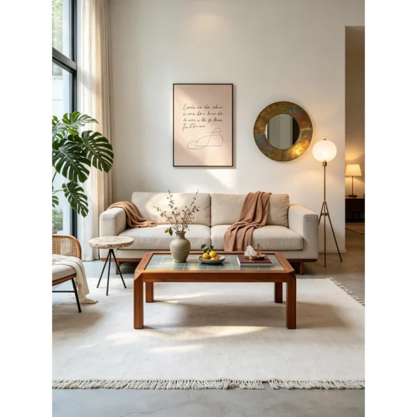 Moss Green Tile Inset Solid Wood Coffee Table in natural oak — in a room setting