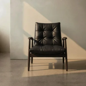 Brook Black Solid Wood Armchair with Tufted Leather Cushions in black — front view