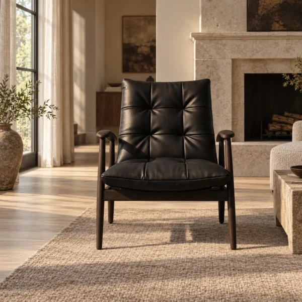 Brook Black Solid Wood Armchair with Tufted Leather Cushions in black — in a room setting