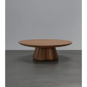 Fia Round Walnut Coffee Table on Sculpted Organic Base in walnut — front view
