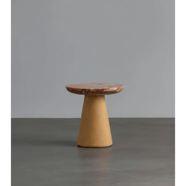 Fia Round Walnut Coffee Table on Sculpted Organic Base in walnut — in a room setting