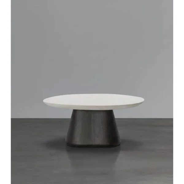 Fia Round Walnut Coffee Table on Sculpted Organic Base in walnut — in a room setting