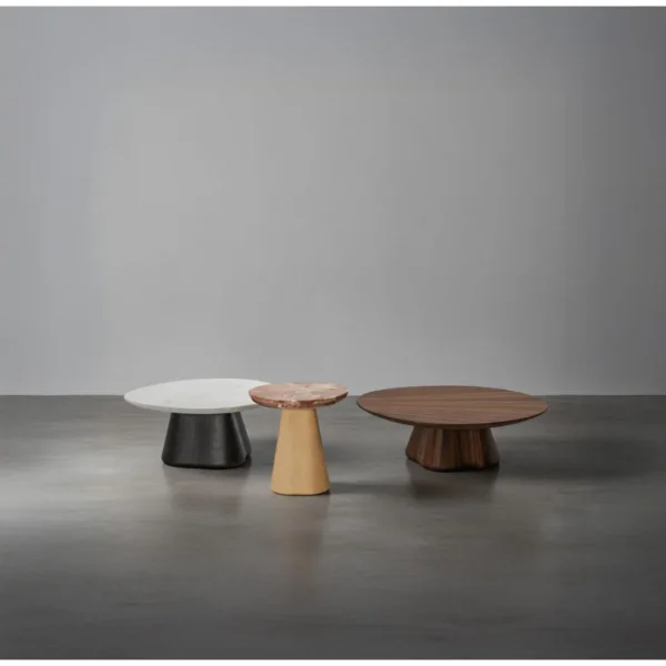 Fia Round Walnut Coffee Table on Sculpted Organic Base in walnut — in a room setting