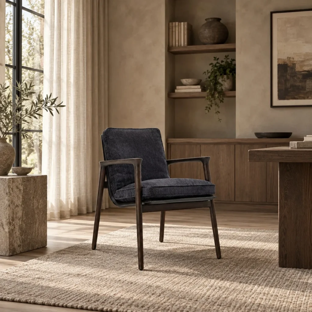 Percher Solid Wood Armchair in Navy Saddle Leather — front view