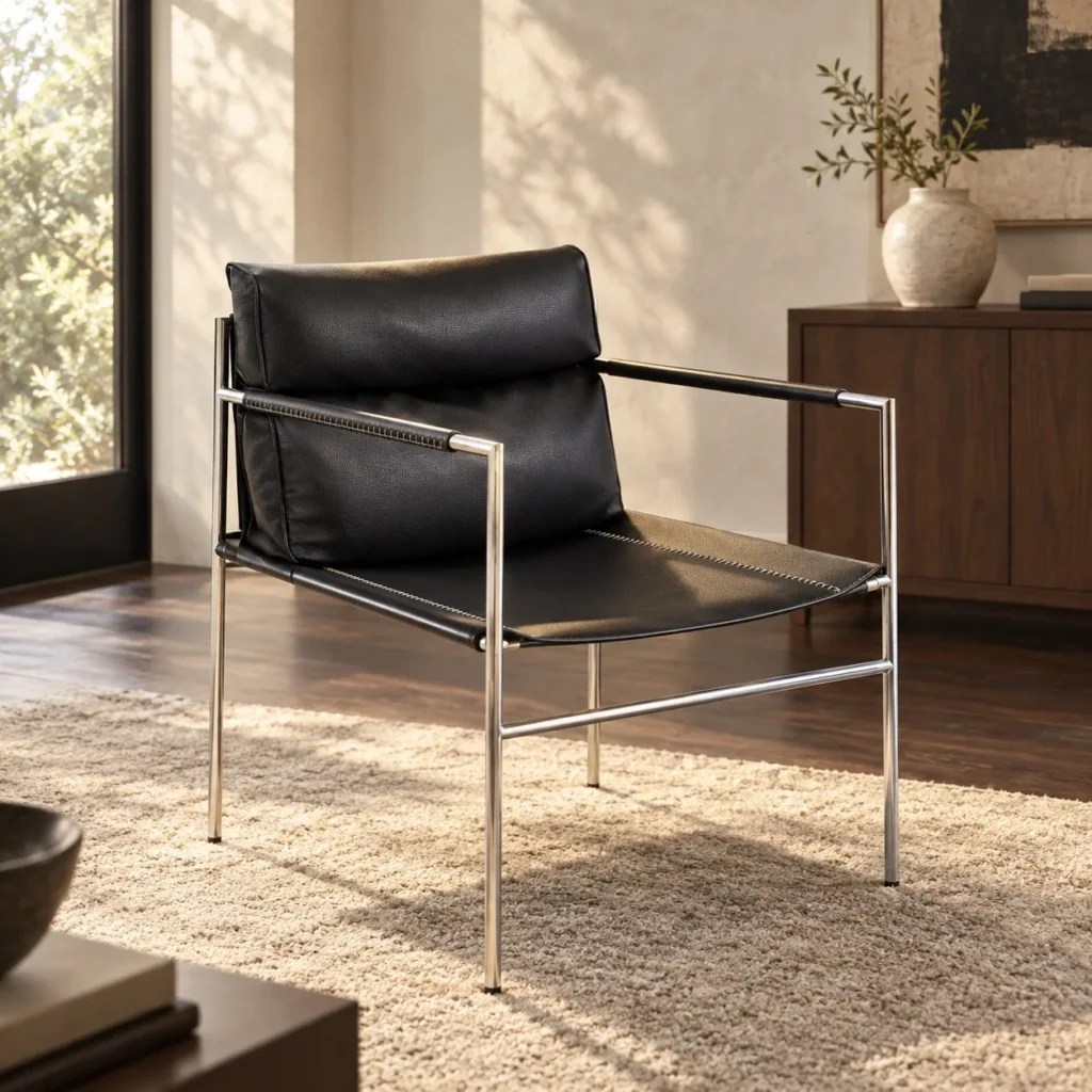 Stalform Black Leather Lounge Chair on Square Steel Frame in black — front view