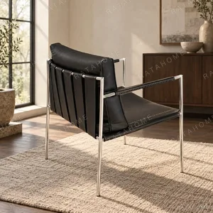 Stalform Black Leather Lounge Chair on Square Steel Frame in black — in a room setting