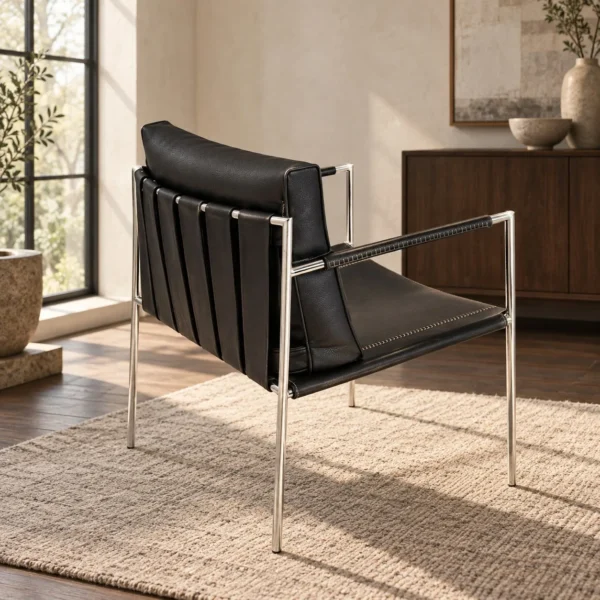 Stalform Black Leather Lounge Chair on Square Steel Frame in black — in a room setting