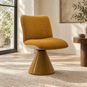 Turan Mustard Fabric Swivel Chair on Glossy Cone Base in mustard — front view