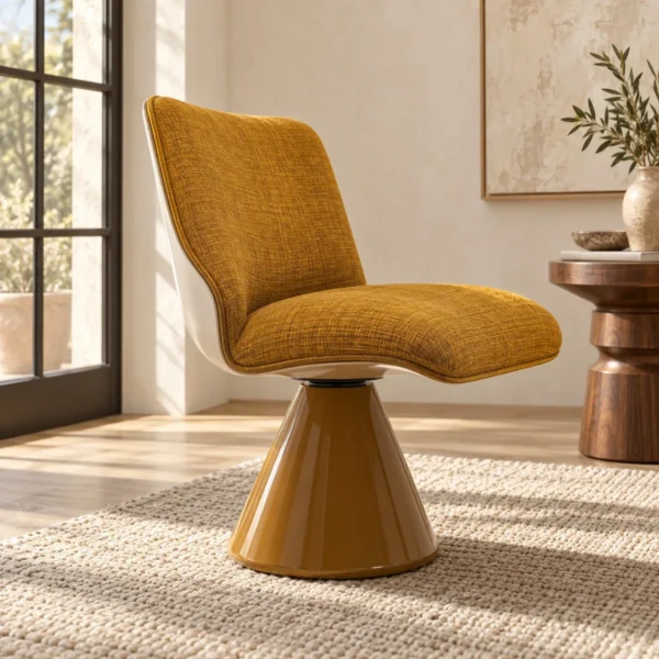 Turan Mustard Fabric Swivel Chair on Glossy Cone Base in mustard — in a room setting