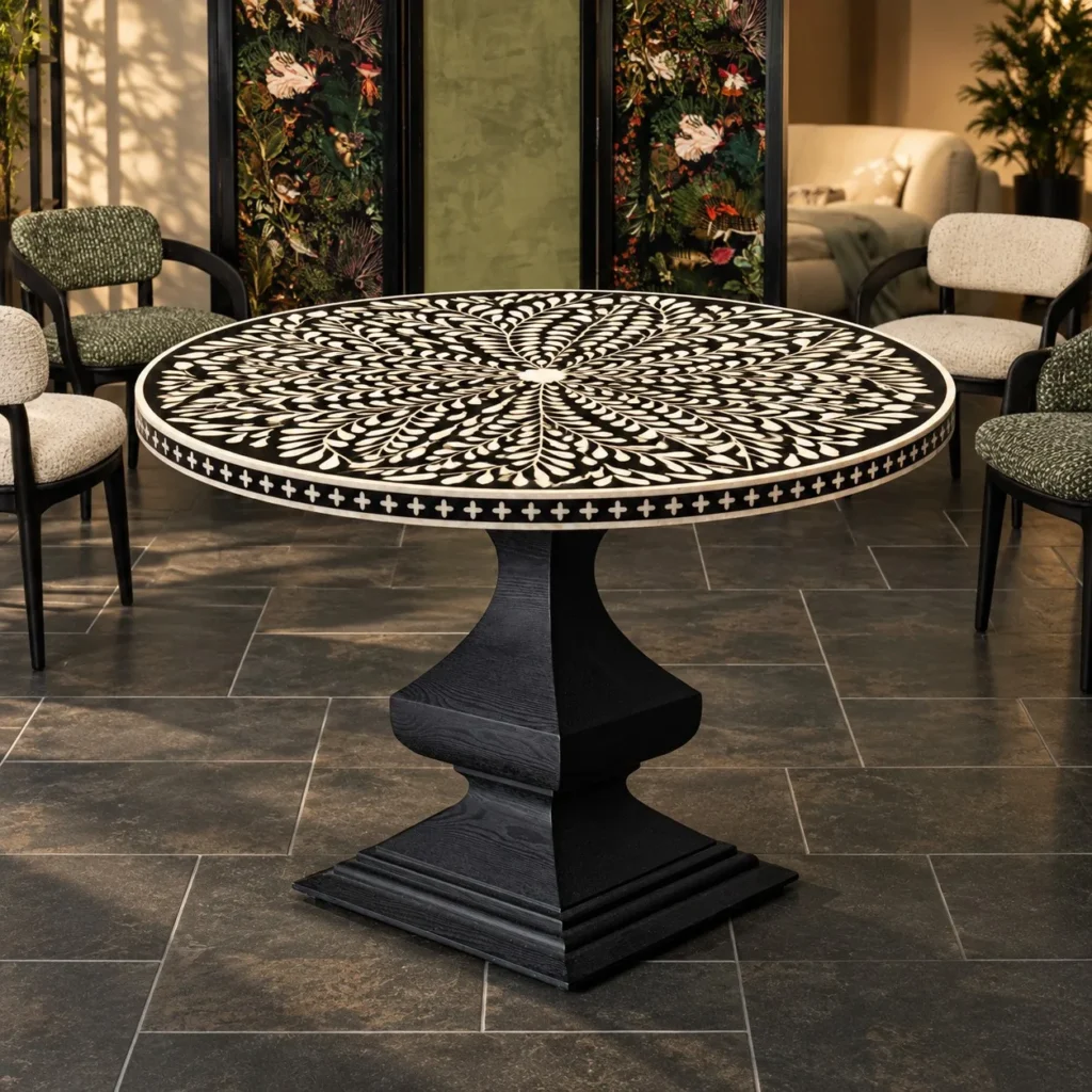 Mother-of-Pearl Inlaid Round Dining Table in black — front view