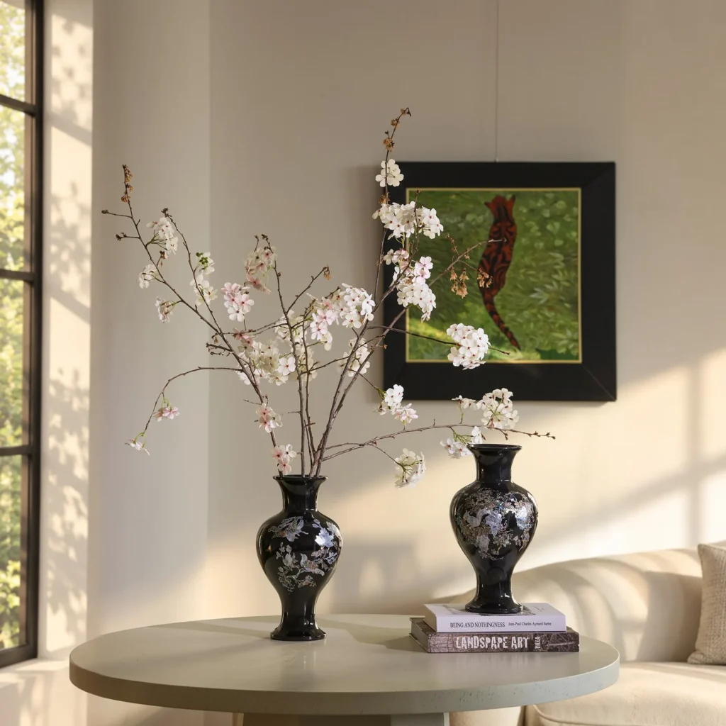 Black Glaze Vases with Mother-of-Pearl Inlay, Pair in black — front view