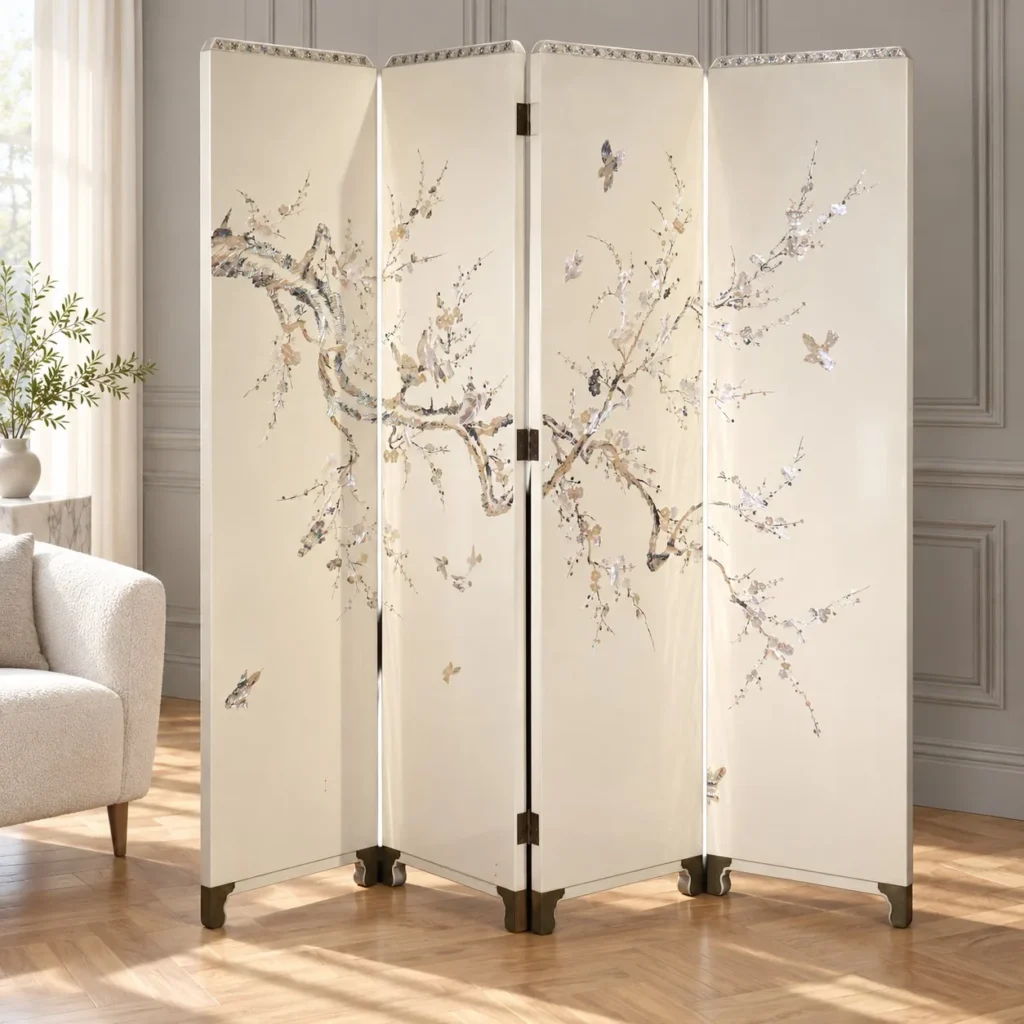 Mother-of-Pearl Blossom Three-Panel Folding Screen in oatmeal — front view