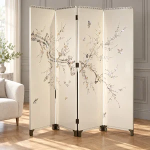 Mother-of-Pearl Blossom Three-Panel Folding Screen in oatmeal — front view