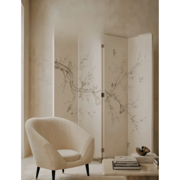 Mother-of-Pearl Blossom Three-Panel Folding Screen in oatmeal — in a room setting