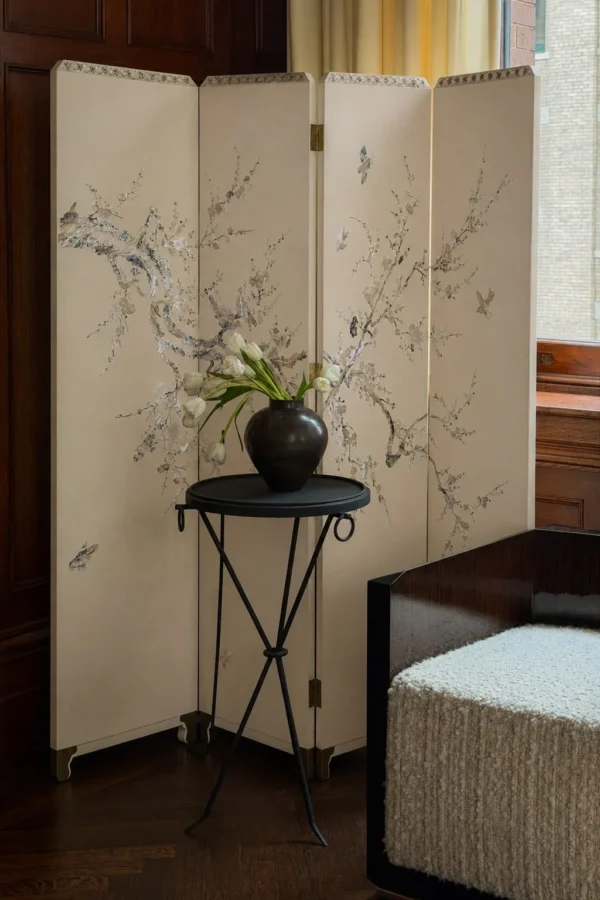 Mother-of-Pearl Blossom Three-Panel Folding Screen in oatmeal — in a room setting