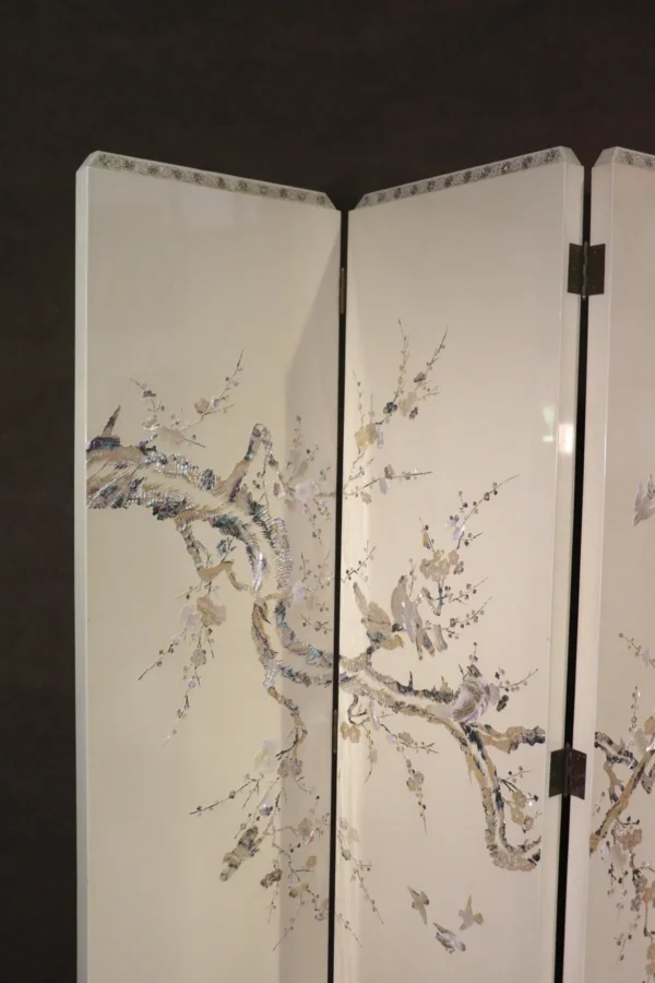 Mother-of-Pearl Blossom Three-Panel Folding Screen in oatmeal — in a room setting