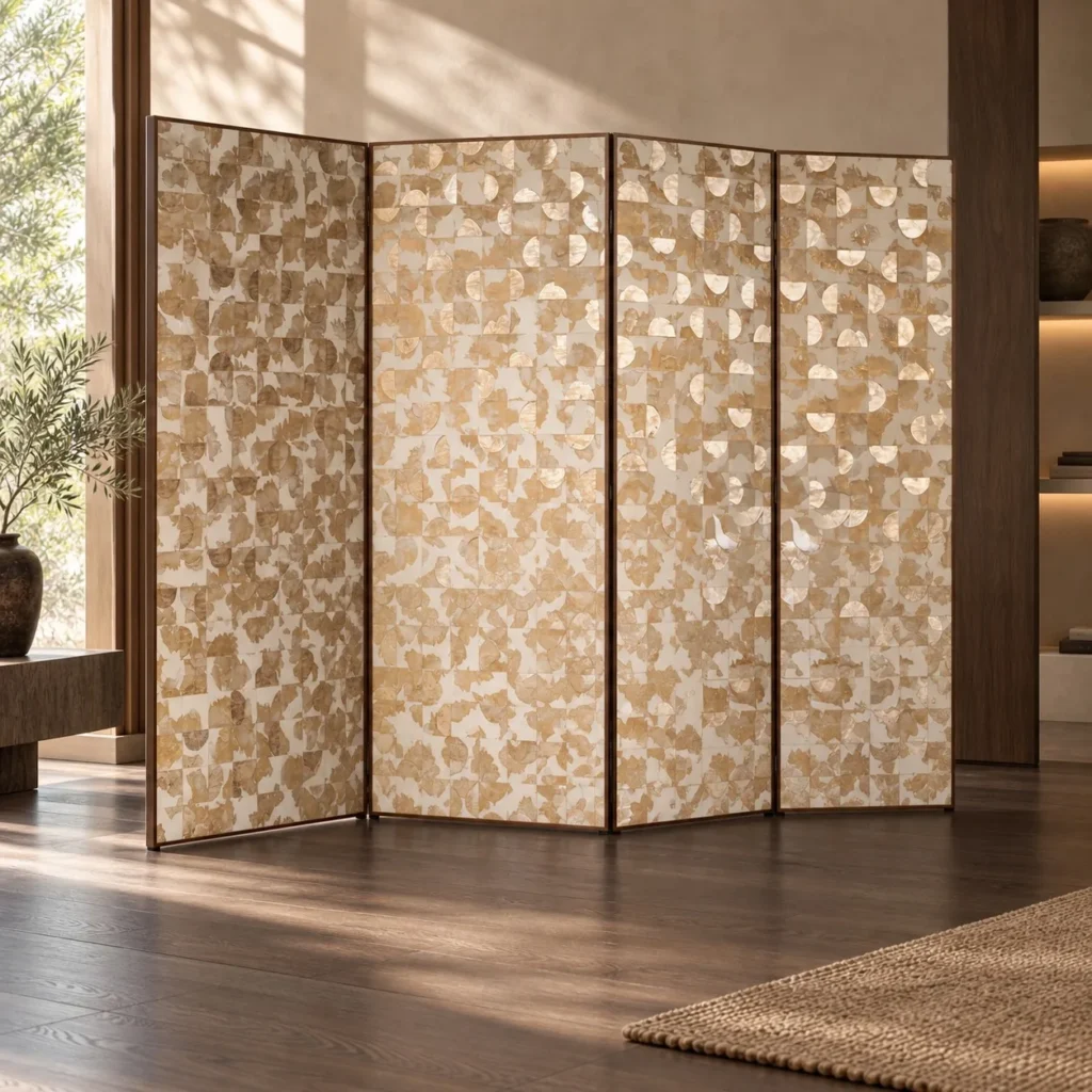 Mother-of-Pearl and Gold Leaf Tea Room Screen in brushed brass — front view