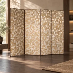 Mother-of-Pearl and Gold Leaf Tea Room Screen in brushed brass — front view